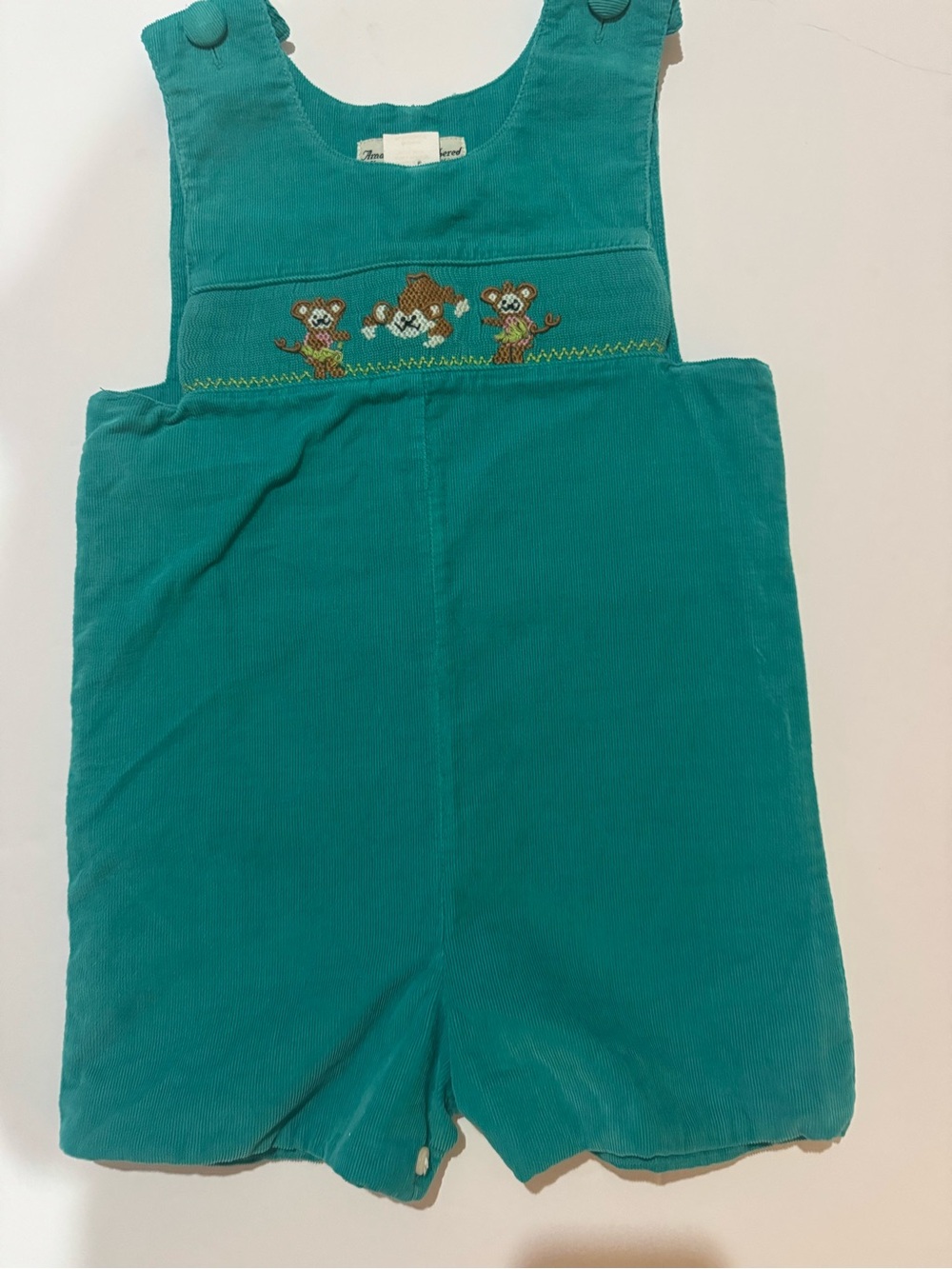 Teal Corduroy Kids Shortall with Monkey Smocking